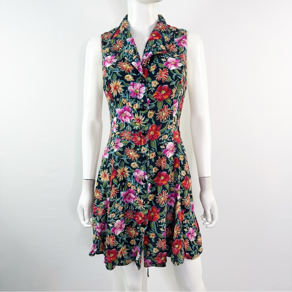 Vintage Basic Editions Floral Sleeveless Mini Shirt Dress Size L Sleeveless Y2K